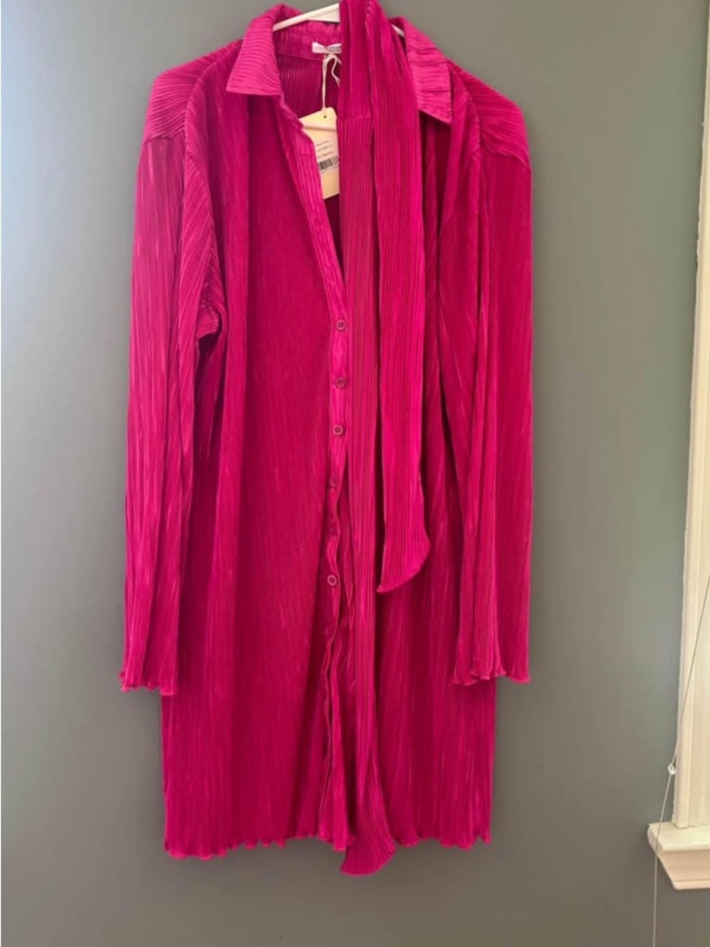 Peppermayo Fuchsia Pink Satin Button-Front Sleep Shirt Dress